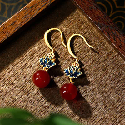 Buddha Stones Red Agate Lotus Enamel Gold Drop Confidence Earrings - Red Agate(Confidence ♥ Calm) - image 0