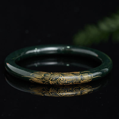 Buddha Stones Natural Cyan Jade Lotus Koi Fish Enlightenment Bangle Bracelet - image 1