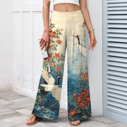 Foviel Cotton Linen Crane Floral Pattern Women's Elastic Waist Wide Leg Pants With Pockets