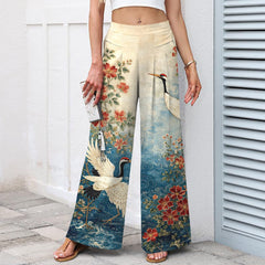 Buddha Stones Cotton Linen Crane Floral Pattern Women's Elastic Waist Wide Leg Pants With Pockets - Blue - US16，UK/AU20，EU48 (3XL) - image 0