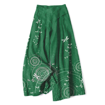 Buddha Stones Cotton Linen Dragonfly Ripple Pattern Women's Elastic Waist Wide Leg Pants With Pockets - ForestGreen - US16，UK/AU20，EU48 (3XL) - image 4