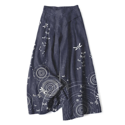 Buddha Stones Cotton Linen Dragonfly Ripple Pattern Women's Elastic Waist Wide Leg Pants With Pockets - SlateGray - US16，UK/AU20，EU48 (3XL) - image 8