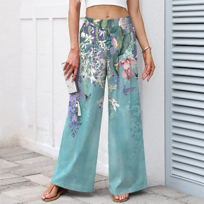 Buddha Stones Cotton Linen Bohemian Floral Pattern Women's Elastic Waist Wide Leg Pants With Pockets - image 1