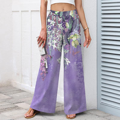 Buddha Stones Cotton Linen Bohemian Floral Pattern Women's Elastic Waist Wide Leg Pants With Pockets - image 5