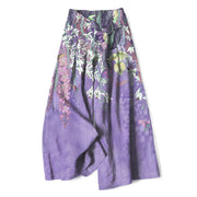 Foviel Baumwolle Leinen Bohemian Blumenmuster Damen elastische Taille weites Bein Hose mit Taschen
