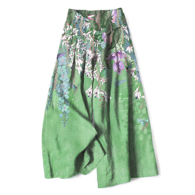 Buddha Stones Cotton Linen Bohemian Floral Pattern Women's Elastic Waist Wide Leg Pants With Pockets - LightGreen - US16，UK/AU20，EU48 (3XL) - image 8
