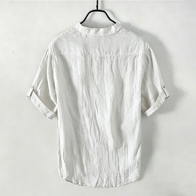 Buddha Stones Solid Color Short Sleeve Half Button Shirt Cotton Linen Men Clothing - image 39