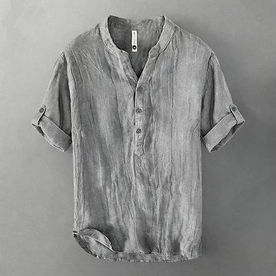 Buddha Stones Solid Color Short Sleeve Half Button Shirt Cotton Linen Men Clothing - Roll-Up 3/4 Sleeve Design - Gray - US/UK/AU50，EU60 (5XL) - image 31