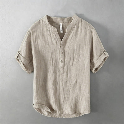 Buddha Stones Solid Color Short Sleeve Half Button Shirt Cotton Linen Men Clothing - Roll-Up 3/4 Sleeve Design - Linen - US/UK/AU50，EU60 (5XL) - image 45