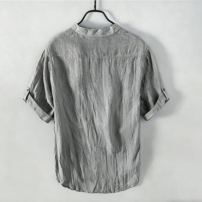 Buddha Stones Solid Color Short Sleeve Half Button Shirt Cotton Linen Men Clothing - image 32