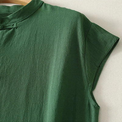 Buddha Stones Summer Solid Green Mandarin Collar Side Slit Women's Sleeveless Dress - image 3