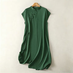 Buddha Stones Summer Solid Green Mandarin Collar Side Slit Women's Sleeveless Dress - SeaGreen - US12，UK/AU16，EU44 (2XL) - image 0