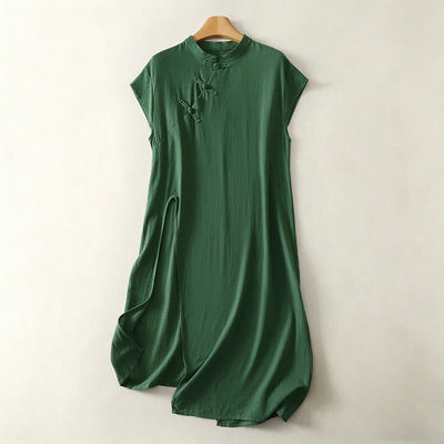 Buddha Stones Summer Solid Green Mandarin Collar Side Slit Women's Sleeveless Dress - SeaGreen - US12，UK/AU16，EU44 (2XL) - image 0