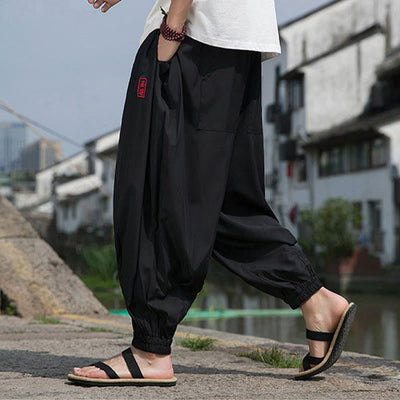 Buddha Stones Summer Casual Drawstring Chinese Character Carefree Embroidery Ankle Pants Men's Harem Pants With Pockets - image 7