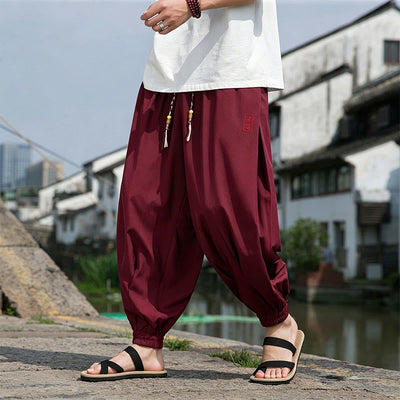 Buddha Stones Summer Casual Drawstring Chinese Character Carefree Embroidery Ankle Pants Men's Harem Pants With Pockets - image 20