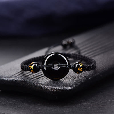 Buddha Stones Black Obsidian Peace Buckle Protection Braided Bracelet - Black Cord - Black Obsidian(Purification♥Strength) - image 1