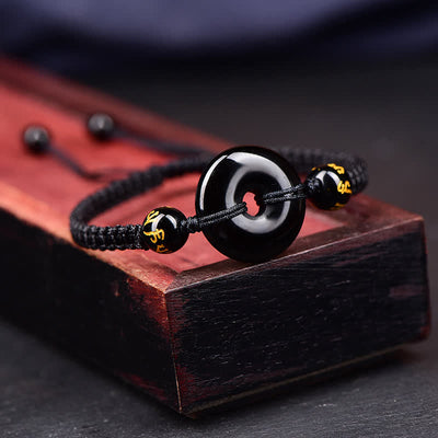 Buddha Stones Black Obsidian Peace Buckle Protection Braided Bracelet - image 3