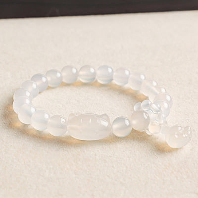 Buddha Stones Silver Sheen Obsidian Hand Carved Cat Pendant Calmness Handmade Bracelet - White Agate(Calmness ♥ Purity) - image 1