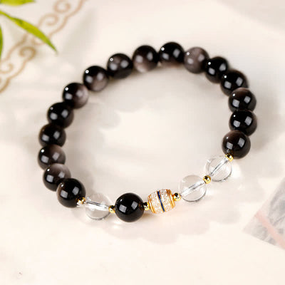 Buddha Stones Silver Sheen Obsidian Dzi Bead Protection Round Bracelet - image 3
