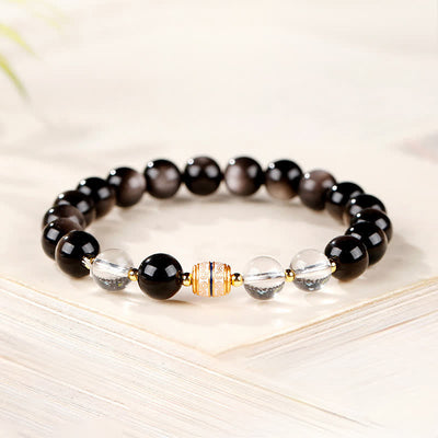 Buddha Stones Silver Sheen Obsidian Dzi Bead Protection Round Bracelet - image 4