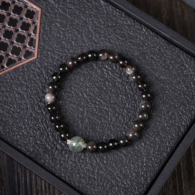 Buddha Stones Black Obsidian Grounding Hand-Woven New Chinese Round Bracelet - Green Phantom Top Bead - Black Obsidian(Purification♥Strength) - image 1