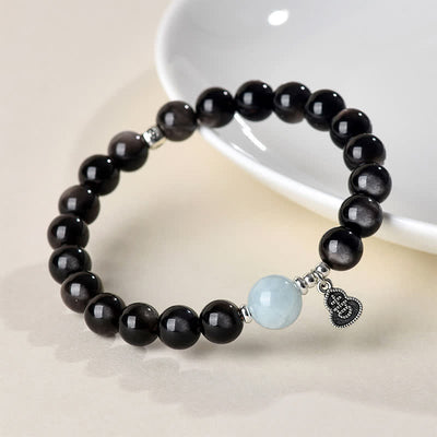 Buddha Stones Silver Sheen Obsidian Aquamarine Grounding Lucky Gourd Round Bracelet - image 2