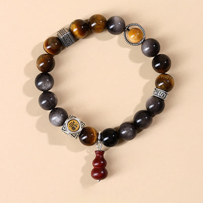 Buddha Stones Silver Sheen Obsidian Grounding Fu Character Gourd Bracelet - Fu Character(Luck ♥ Blessing) - Silver Sheen Obsidian(Protection♥Soothing) - image 0