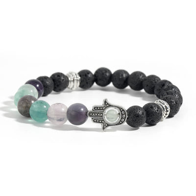 Buddha Stones Lava Rock Hamsa Palm Protection Handcrafted Round Bracelet - Natural Fluorite & Lava Rock - image 3