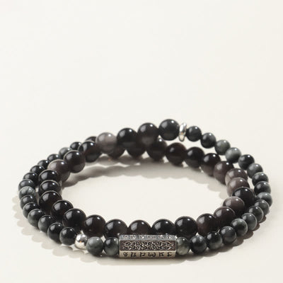 Buddha Stones Silver Sheen Obsidian Om Mani Padme Hum Grounding Double Wrap Bracelet - Style-3 - Silver Sheen Obsidian(Protection♥Soothing) - image 3