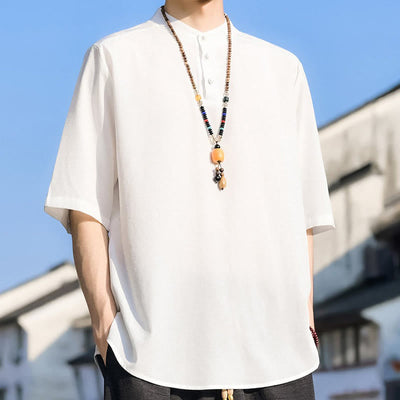 Buddha Stones Summer Casual Mandarin Collar Three Buttons Solid Men's Short Sleeve Shirts - image 25