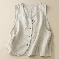 Buddha Stones Summer Casual Minimalist Lines Button-Up Solid Women's Sleeveless Shirts Tank Top With Pocket - Beige - US12, UK/AU16, EU44 (2XL) - image 0