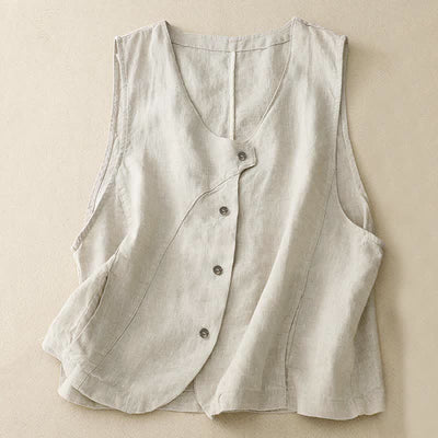 Buddha Stones Summer Casual Minimalist Lines Button-Up Solid Women's Sleeveless Shirts Tank Top With Pocket - Beige - US12, UK/AU16, EU44 (2XL) - image 0