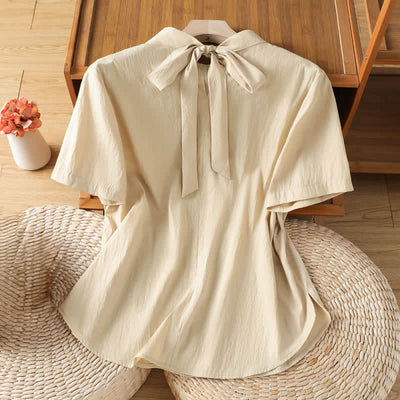 Buddha Stones Summer Crew Neck Front Pleats Lace-up Side Slit Solid Women's Short Sleeve Shirts - image 1