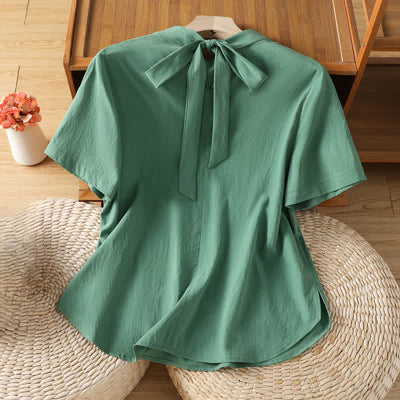 Buddha Stones Summer Crew Neck Front Pleats Lace-up Side Slit Solid Women's Short Sleeve Shirts - image 9