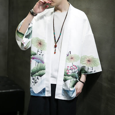 Buddha Stones Summer Casual Lotus Leaves Butterfly Crane Print Open Front Men's Kimono - image 5