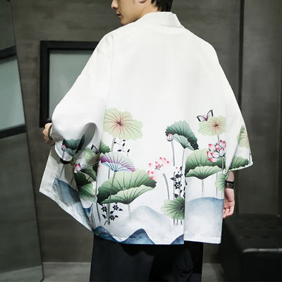 Buddha Stones Summer Casual Lotus Leaves Butterfly Crane Print Open Front Men's Kimono - image 3