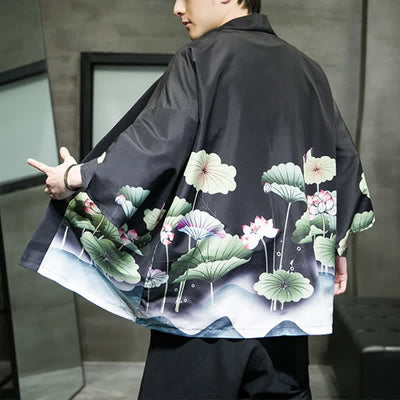 Buddha Stones Summer Casual Lotus Leaves Butterfly Crane Print Open Front Men's Kimono - image 16