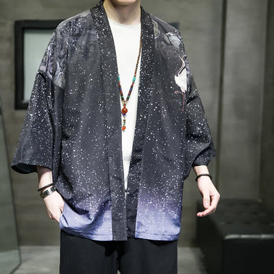 Buddha Stones Summer Casual Lotus Leaves Butterfly Crane Print Open Front Men's Kimono - image 27
