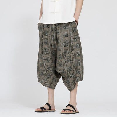 Buddha Stones Summer Boho Casual Elastic Waist Geometric Floral Pattern Capri Pants Men's Harem Pants - Tan - US/UK/AU46，EU56 (5XL) - image 0