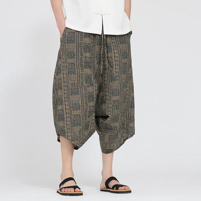 Buddha Stones Summer Boho Casual Elastic Waist Geometric Floral Pattern Capri Pants Men's Harem Pants - image 6