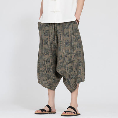 Buddha Stones Summer Boho Casual Elastic Waist Geometric Floral Pattern Capri Pants Men's Harem Pants - image 5