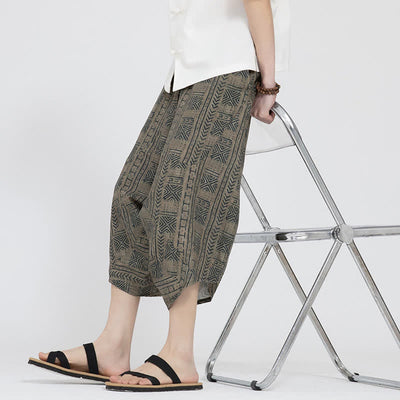 Buddha Stones Summer Boho Casual Elastic Waist Geometric Floral Pattern Capri Pants Men's Harem Pants - image 8