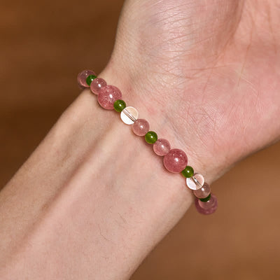 Buddha Stones Strawberry Quartz Green Agate Clear Quartz Healing Bracelet - image 9