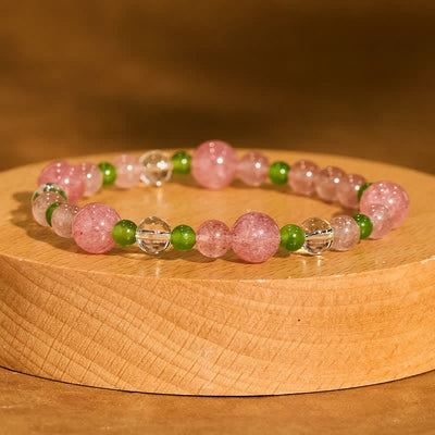 Buddha Stones Strawberry Quartz Green Agate Clear Quartz Healing Bracelet - image 1
