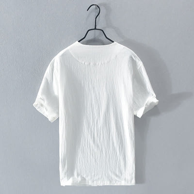 Buddha Stones Summer Casual Asymmetrical V-Neck Button Solid Men's Short Sleeve Shirts - image 13