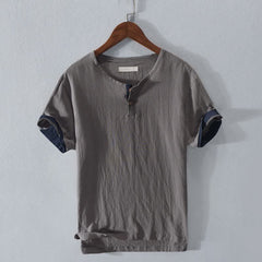 Buddha Stones Summer Casual Minimalist Two Buttons Solid Cotton Linen Men's Short Sleeve Shirts - Gray - US/UK/AU42，EU52 (3XL) - image 0