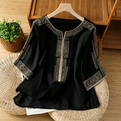 Buddha Stones Summer Boho Casual Embroidery Geometric Women's Short Sleeve T-Shirts - Black - US8-10, UK/AU12-14, EU40-42 (2XL) - image 0