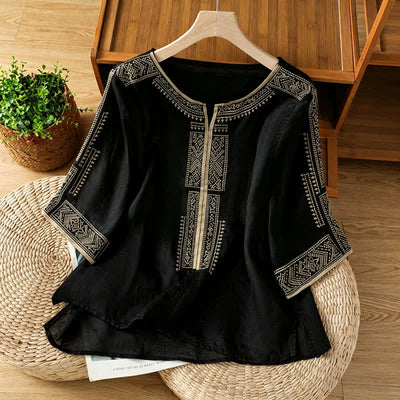 Buddha Stones Summer Boho Casual Embroidery Geometric Women's Short Sleeve T-Shirts - Black - US8-10, UK/AU12-14, EU40-42 (2XL) - image 0