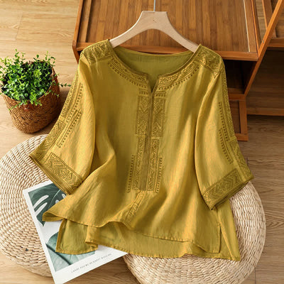 Buddha Stones Summer Boho Casual Embroidery Geometric Women's Short Sleeve T-Shirts - DarkKhaki - US8-10, UK/AU12-14, EU40-42 (2XL) - image 12