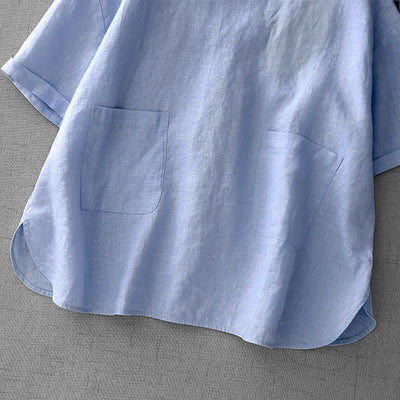 Buddha Stones Summer Casual Minimalist Back Buttons Solid Women's Short Sleeve T-Shirts With Front Pockets - image 12